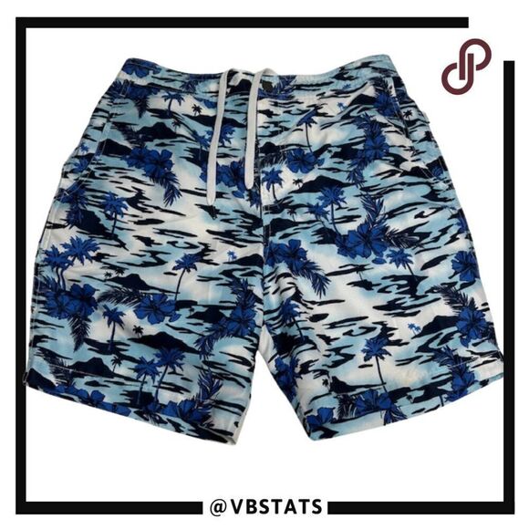 Onia “The Charles” Medium Swim Trunks Great Blue Palm & Hibiscus Design - Picture 1 of 6